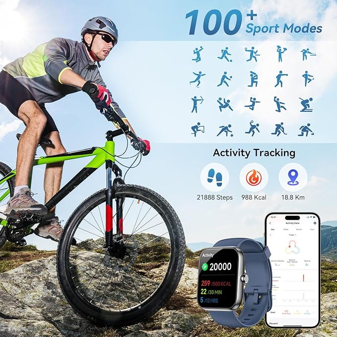 Smart Watch with Alexa Built-in, 1.83" HD Touchscreen & Fitness Tracker with Message Call Function, 24/7 Heart Rate/Sleep Monitor, 120+ Sport Modes, IP68 Waterproof, for Android iPhone (Blue)