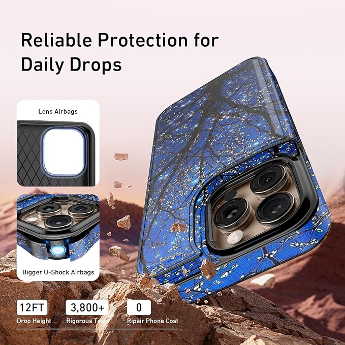 FUNMIKO for iPhone 16 Pro Max Wallet Case with Card Holder, RFID-Blocking, Military-Grade Protection & UV-Printed Artwork, Magnetic Closure with Leather Kickstand - Dreamy Wishing Tree