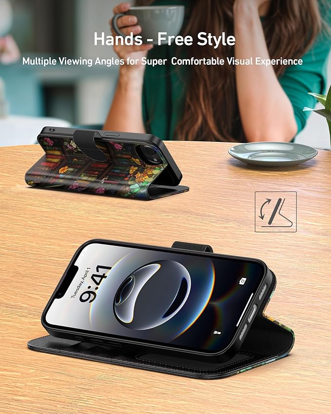 DEENAKIN for iPhone 16e Wallet Case with Card Holder + Cash Clip, RFID-Blocking, Military-Grade Drop Protection, Magnetic Closure with Leather Kickstand - Bookshelf Flowers