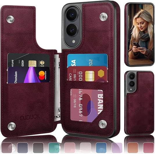 DJDUCK Designed for Samsung Galaxy S25 Edge Case Wallet with Card Holder, [Magnetic Clasp Cover] [RFID Blocking Leather Protection] Shockproof Women Men Cases for Samsung S25 Edge Wine Red
