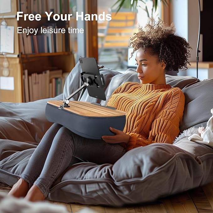 Lap Beanbag Cozy Kindle Pillow Stand for Bed with Adjustable Arm, 360° Tablet Holder, Fits 4.7"-13" Kindle, iPad, Phone, Lap Desk for Hands Free Reading in Bed, Couch, Sofa,Gray