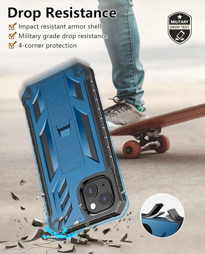 for iPhone 13/14 Protective Case: for iPhone 16e Cover with Built-in Kickstand | Heavy Duty Military Grade Hard Protection Shock Proof | Durable Dual-Layer Design Blue