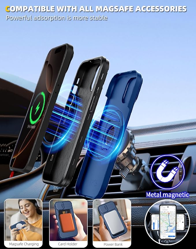 for iPhone 16 Pro Max Case Magnetic Compatible with MagSafe Wireless Charging with 2 Screen Protectors,Built-in Kickstand Ring Camera Heavy Duty Protection Military Grade Drop Shockproof Blue