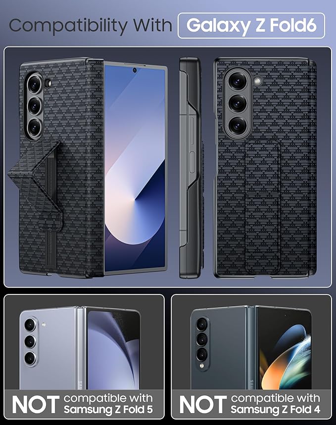 for Samsung Galaxy Z Fold 6 Case with Hand Strap & Kickstand & Hinge Protection, Ultra Slim Skin Feel Pattern Printing Full Body Shockproof Phone Case for Z Fold 6, No Screen Protector (Black)