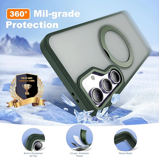 for Samsung Galaxy S23 FE Case with 360° Rotatable Magnetic Ring Stand Compatible with Mag-Safe Military Protection Shockproof Matte Translucent Phone Cases for S23 FE,Dark Green