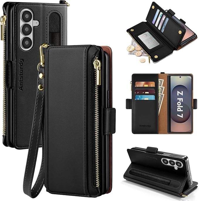 Antsturdy Compatible with Samsung Galaxy Z Fold7 Case Wallet with Card Holder,Z Fold 7 5G Phone Case with Strap Shockproof PU Leather RFID Blocking Flip Cover Credit Card Slots Women Men,Black