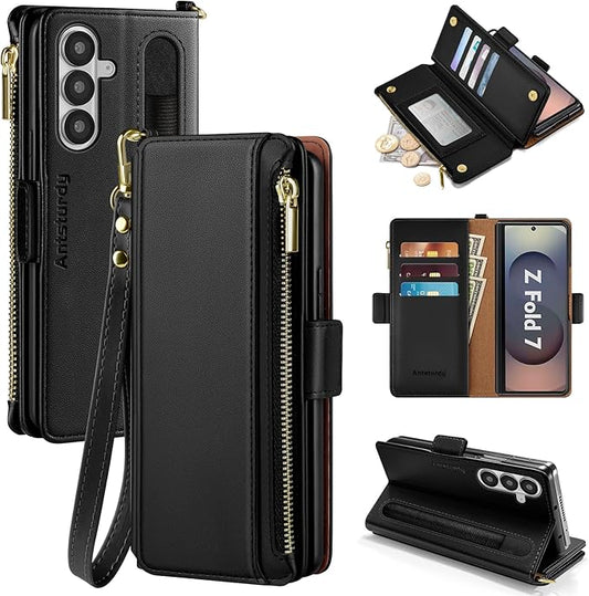 Antsturdy Compatible with Samsung Galaxy Z Fold7 Case Wallet with Card Holder,Z Fold 7 5G Phone Case with Strap Shockproof PU Leather RFID Blocking Flip Cover Credit Card Slots Women Men,Black