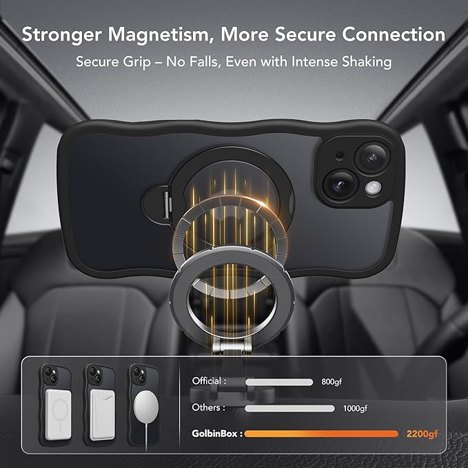 GolbinBox for iPhone 15 Plus Case for Women,[Compatible with Magsafe][360° Spin Magnetic Stand][Cute Wave Edge][Military-Grade Protection] Translucent Matte Phone Case for iPhone 15 Plus, Black