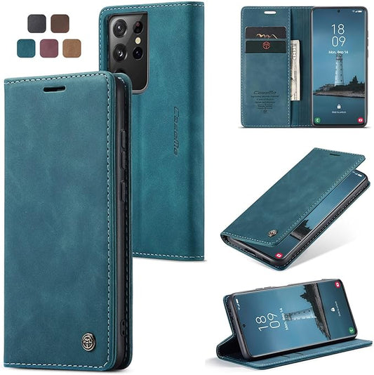 for Samsung Galaxy S21 Ultra Case, Flip Wallet Leather Case with Card Holder Magnetic Closure Shockproof Kickstand Protective Phone Cases Cover for Samsung S21 Ultra,Blue-Green