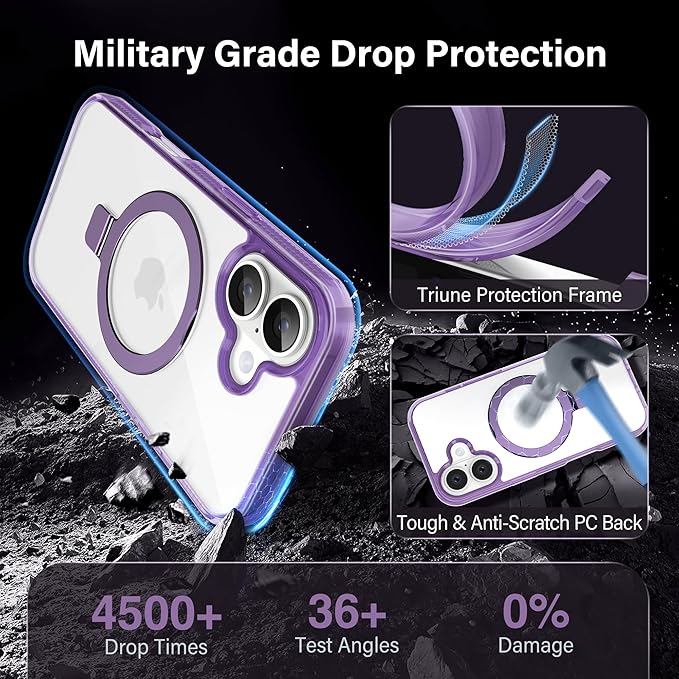 Magnetic Case for iPhone 17 - [Built-in Invisible Stand] [Compatible with MagSafe] [Military Grade Drop Protection] Anti-Yellowing Hard Back Silicone Edge Cover, 6.3", Clear Purple