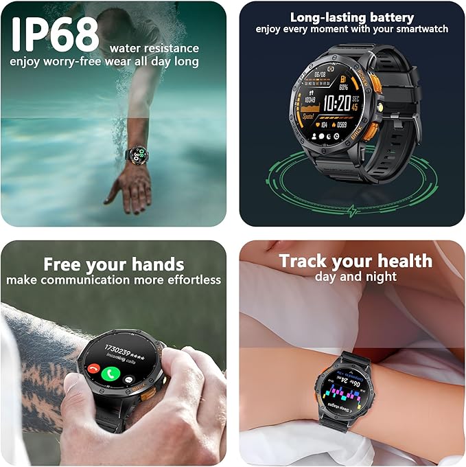 Military Smart Watch With GPS, 170+ Sport Modes Smartwatch with Heart Rate Monitor, Compass, Flashlight, GPS, Smart Watch for men,1.43" AMOLED Screen Bluetooth Call,Compatible iOS & Android (2 Bands)