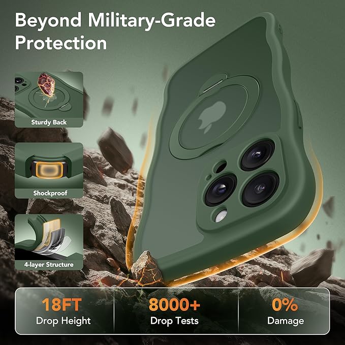 GolbinBox for iPhone 13 Pro Case for Women,[Compatible with Magsafe][360° Spin Magnetic Stand][Cute Wave Edge][Military-Grade Protection] Translucent Matte Phone Case for iPhone 13 Pro, Green