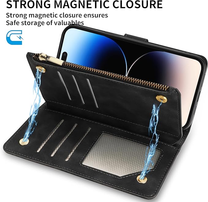 ZZXX for iPhone 14 Pro Max Case Wallet with [RFID Blocking] Card Slot Soft PU Leather Zipper Flip Folio with Wrist Strap Kickstand Protective Cover for iPhone 14 Pro Max Wallet Case(Black-6.7 inch)