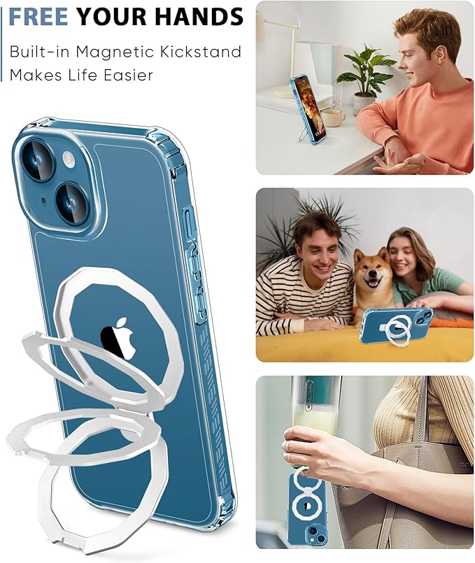 Compatible with iPhone 13 Case, Built-in Screen Protector & Seamless Stand, with Camera Lens Protector, Strong Magnetic Clear Phone Case, Full Body Protective Cover for 6.1" (Clear)