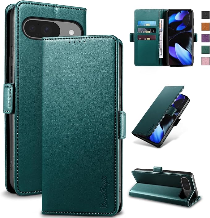 Wallet Flip Case for Google Pixel 9/9 Pro - [RFID Blocking] Luxury PU Leather Card Holder Magnetic Phone Cover with Kickstand,Shockproof Protective Case,Green