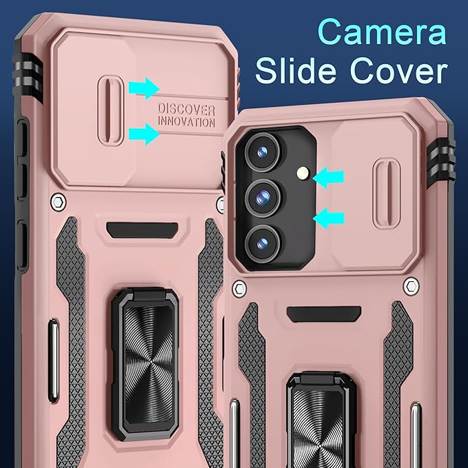 DEERLAMN Case for Samsung Galaxy S25 6.2-Inch with Slide Camera Cover+Screen Protector (1 Pack), Rotated Ring Kickstand Military Grade Shockproof Protective Cover-Rose Gold