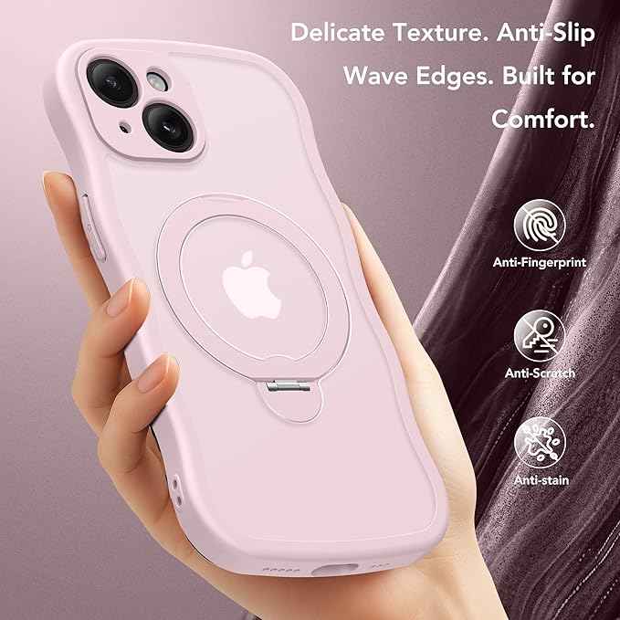 GolbinBox for iPhone 15 Plus Case for Women,[Compatible with Magsafe][360° Spin Magnetic Stand][Cute Wave Edge][Military-Grade Protection] Translucent Matte Phone Case for iPhone 15 Plus, Chalk Pink