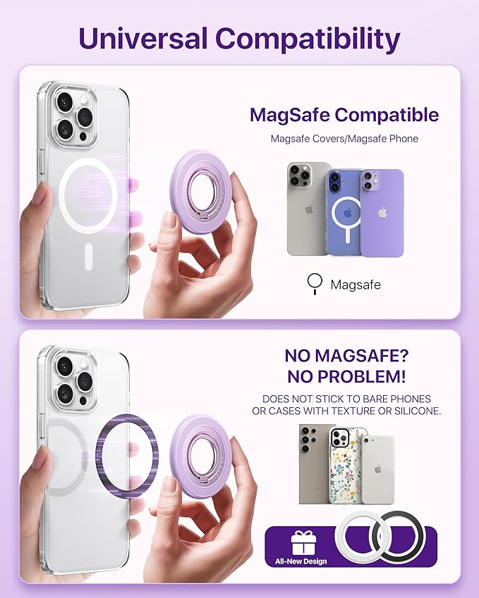 andobil [2025 3rd Gen] Magnetic Phone Grip for MagSafe [360° Rotatable & Ultra-Stable] Two-Sided Magnet Cell Phone Ring Holder Compatible with MagSafe Accessories, iPhone 17 Air 16 15 Pro Max, Purple