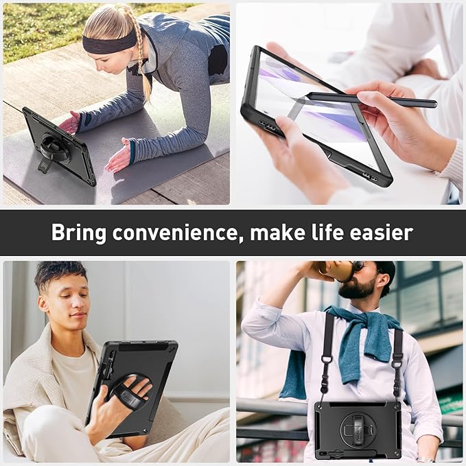 Case for Galaxy Tab S7 FE/S7 Plus/S8 Plus 12.4 INCH: TPU Protective Cover for Samsung Tablet S7 FE/S7 Plus/S8 Plus 12.4 with Screen Protector-Stand- Handle + Shoulder Strap-S-Pen Holder- Black