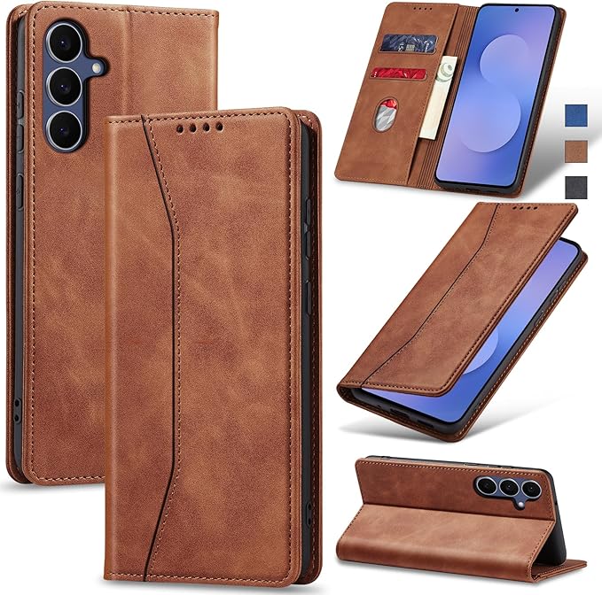 Jasonyu Flip Wallet Case for Samsung Galaxy S25 FE 5G,Leather Magnetic Folio Cover with Card Holder,Kickstand - TPU Shockproof Durable Protective Phone Case,Brown