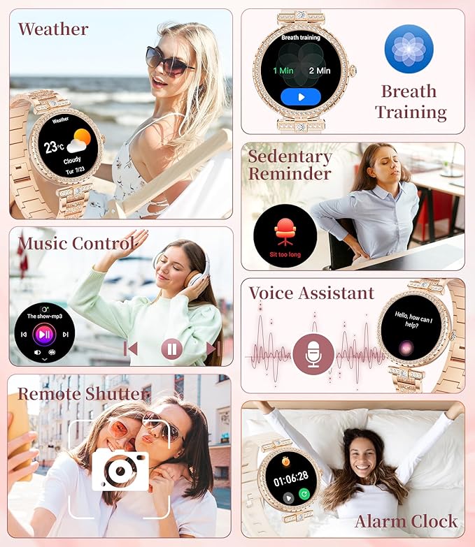 Diamond Smart Watch for Women(Buletooth Call), 1.19" AMOLED HD Display, 100+ Sports Mode Fitness Tracker Watch, 5ATM Waterproof/Pedometer/Sleep Smartwatch Women, iOS Android Smart Watches
