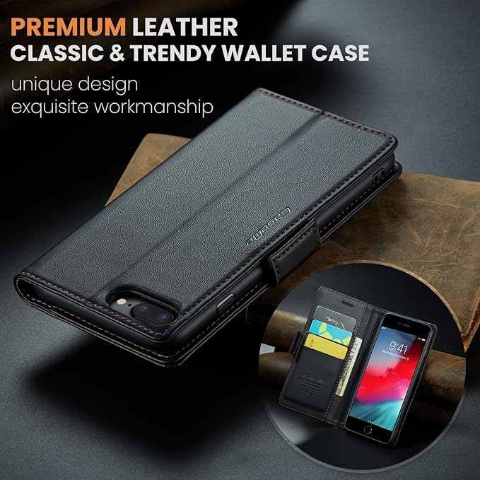 for iPhone 8 Plus & 7 Plus Case, Premium PU Leather Wallet Case Flip Cover with [RFID Blocking][Card Holder][Stand Function] Shockproof Protective for iPhone 8 Plus & 7 Plus, Black
