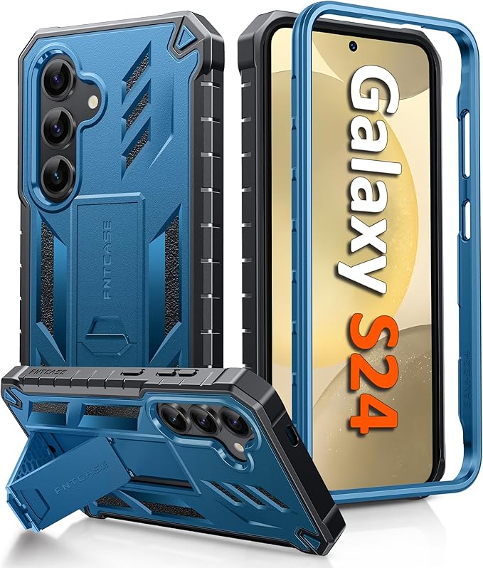 FNTCASE for Samsung Galaxy S24 Case: Military Grade Shockproof Protective Phone Cover with Kickstand | Rugged Full Drop Proof Protection | Dual Layer Matte Textured TPU Cases - 6.2 inches (Blue)