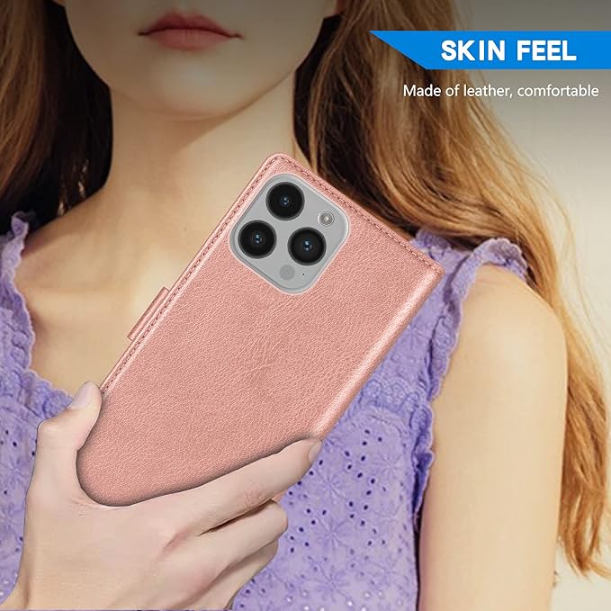 ZZXX for iPhone 14 Pro Wallet Case with [RFID Blocking] Card Slot Kickstand Magnetic Closure Leather Flip Fold Protective Phone Case for iPhone 14 Pro Case Wallet(Rose Gold-6.1 inch)