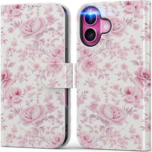 DEENAKIN for iPhone 16 Plus Wallet Case with Card Holder + Cash Clip, RFID-Blocking, Military-Grade Drop Protection, Magnetic Closure with Leather Kickstand - Blooming Pink Roses