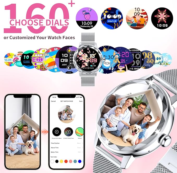 Smart Watch for Women with Make/Answer Call, 1.2" Adjustable Fitness Watch with Heart Rate Sleep Monitor Female Cycle and 100+ Sports Modes (W02-Silver)