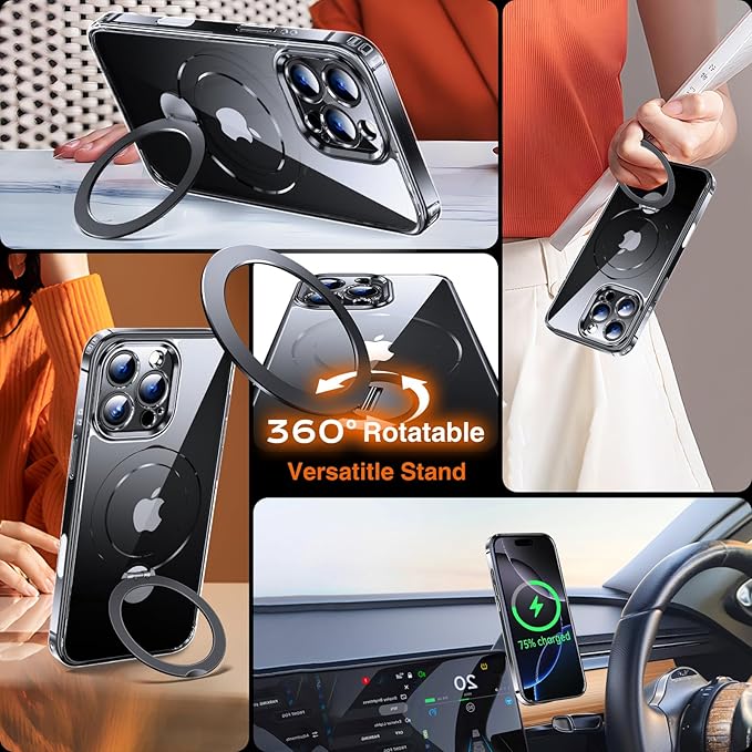 360° O-Ring MagStander for iPhone 16 Pro Case with Magnetic Kickstand Ring Holder [Compatible with MagSafe][360°Rotate Stand Ring][Military Shockproof] iPhone 16 Pro Phone Cover Clear