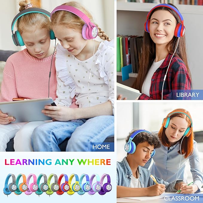 AILIHEN Classroom Headphones Bulk 10 Pack with Microphone - C8 On-Ear Wired Kids Headphones for School with 3.5mm Jack for Library Home Online Learning (Multicolor)