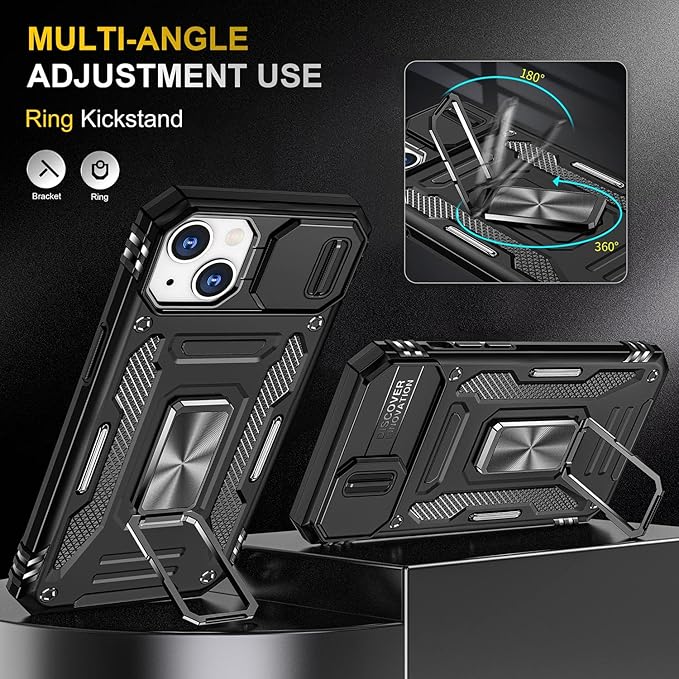 Case for iPhone 14 Phone Case iPhone 14 Case with Camera Cover, with Ring Holder Kickstand, with Magnetic Car Mount Function, for iPhone 14 (Black)