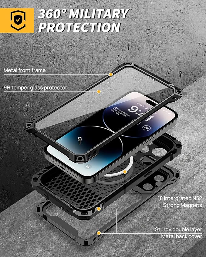 Lanhiem Magnetic for iPhone 14 Pro Metal Case, [Built-in Camera Kickstand & Glass Screen Protector] Heavy Duty Full Body Rugged Protective Military Magsafe Cover for iPhone 14 Pro 6.1" (Black)