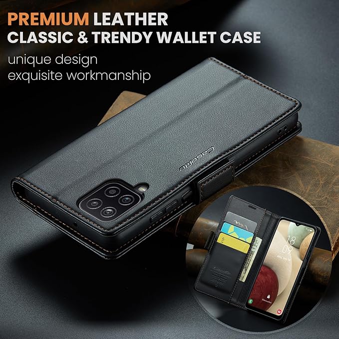 for Samsung Galaxy A12 5G Case, Premium PU Leather Wallet Case Flip Cover with [RFID Blocking][Card Holder][Stand Function] Shockproof Protective for Samsung Galaxy A12, Black