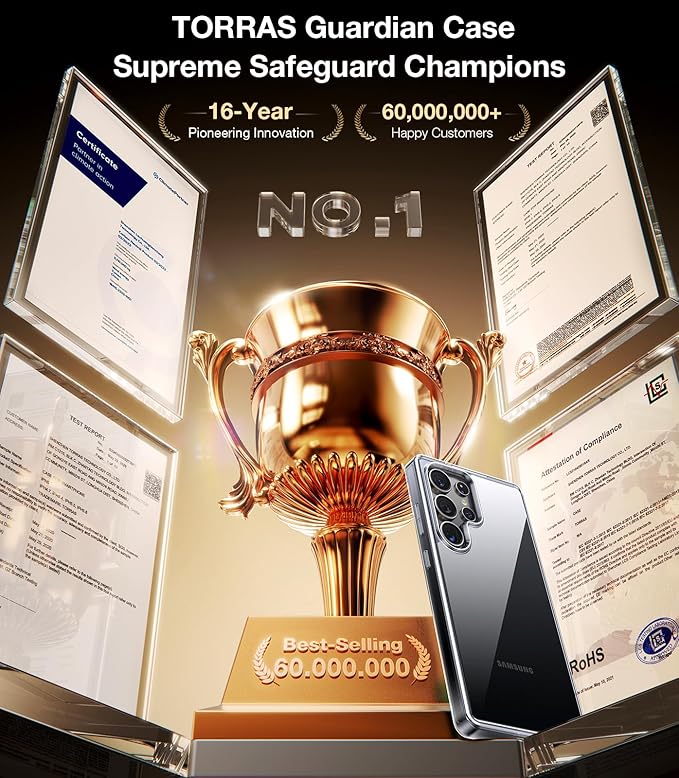 TORRAS Shockproof for Samsung Galaxy S25 Ultra Case, [Non-Yellowing] [12FT Military-Grade Protection] Transparent Slim Case for Samsung S25 Ultra Case, Diamond Clear, Hard, 6.9'' Guardian Series