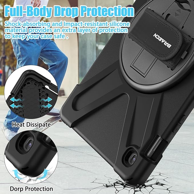 BRAECNstock for Samsung Galaxy Tab S5e Case 10.5 inch 2019 (SM-T720/T725/T727) Shockproof Protective Galaxy S5e Tablet Case for Kids with Screen Protector Pen Holder Rotating Stand+Hand Strap - Black