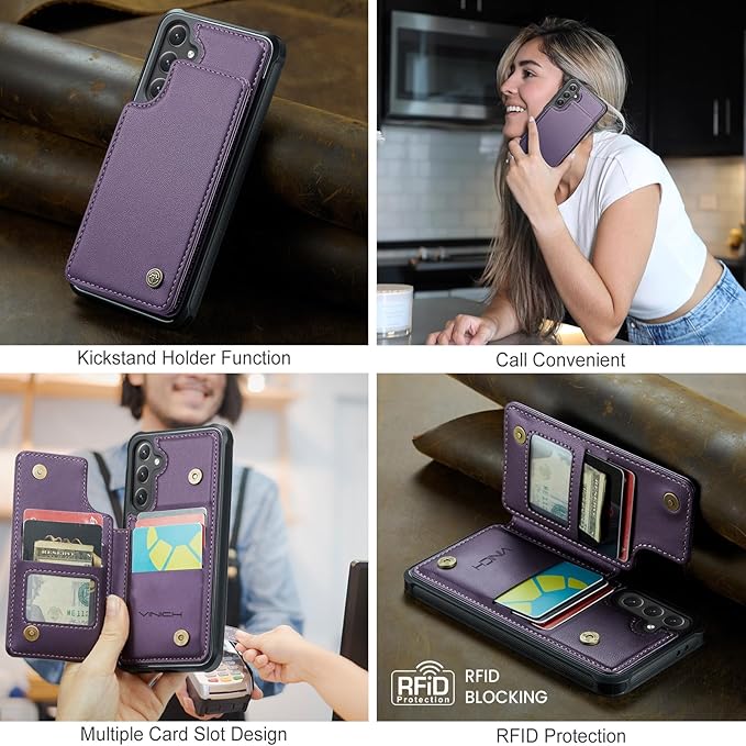 Vinich for Samsung Galaxy S24 FE Wallet Case with Card Holder, RFID Blocking Credit Slots Kickstand Shockproof Phone Cover for Women Men, Purple