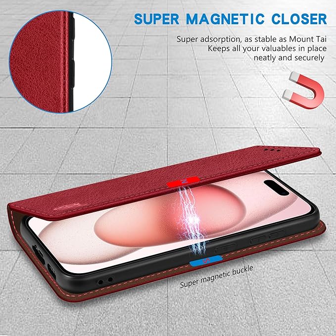 ZZXX for iPhone 15 Wallet Case with [RFID Blocking] Card Slot Stand Strong Magnetic Leather Flip Fold Protective Phone Case for iPhone 15 Case Wallet(Red-6.1 inch)