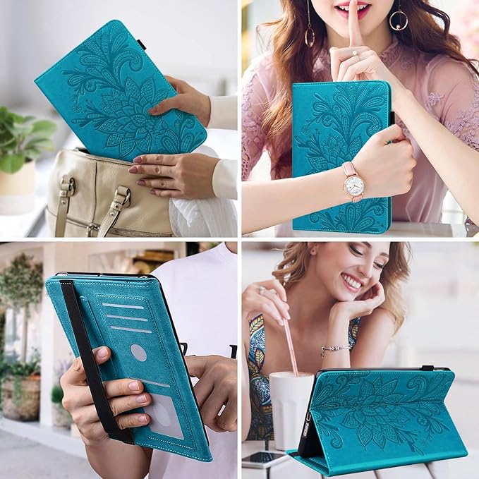 Case for Lenovo Tab M10 Plus 3rd Gen 10.6 Inch 2022 (TB125FU/128FU), Embossed Lace PU Leather Flip Folio Tablet Case with Elastic Band & Card Slots/Holder, Multi-Angle Viewing Stand Cover, Blue