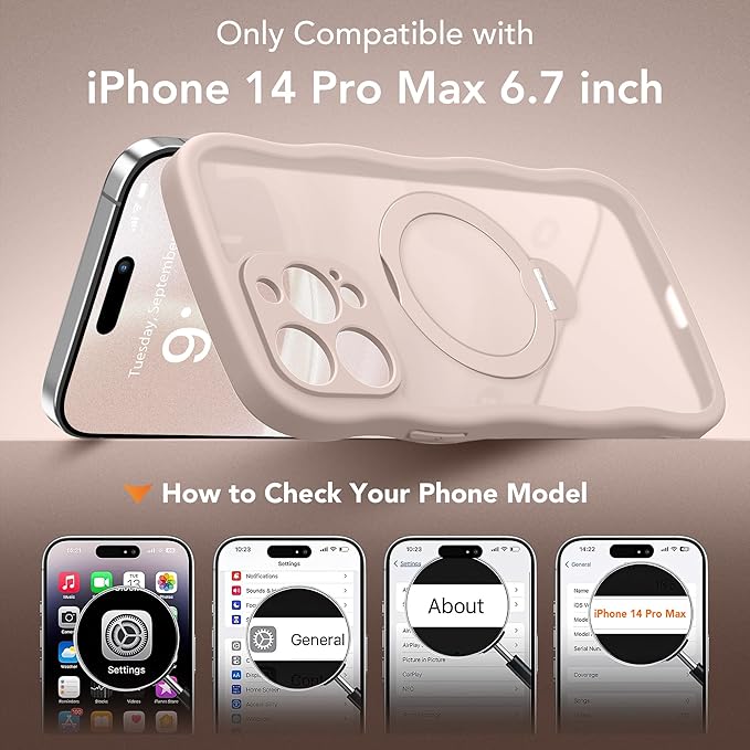 for iPhone 14 Pro Max Case for Women,[Compatible with Magsafe][360° Spin Magnetic Stand][Cute Wave Edge][Military-Grade Protection] Translucent Matte Phone Case for iPhone 14 ProMax, Rose Gold