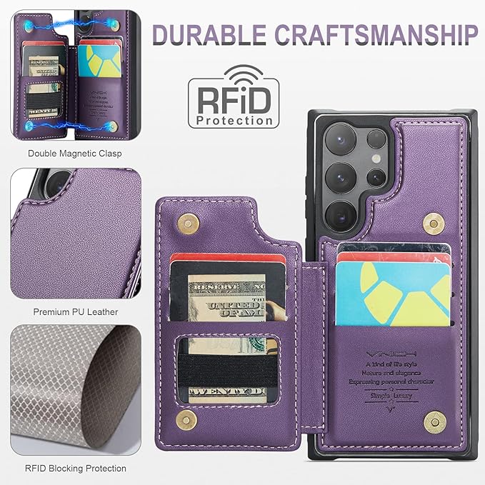 Vinich for Samsung Galaxy S25 Ultra Wallet Case with Card Holder, RFID Blocking Credit Slots Kickstand Shockproof Phone Cover for Women Men, Purple