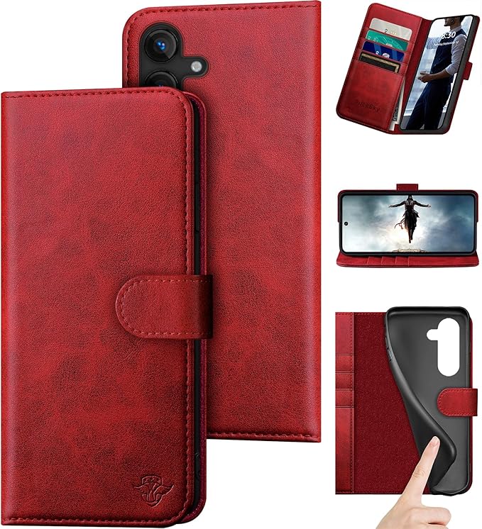 Compatible with Samsung Galaxy S25 Genuine Leather Wallet case【RFID Blocking】【4 Credit Card Holder】【Real Leather】 Flip Folio Book Phone case Cover Women Men for Samsung S25 case Red