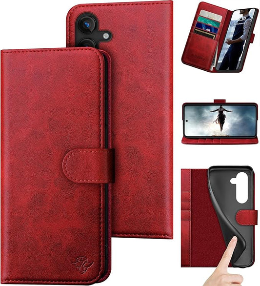 Compatible with Samsung Galaxy S25 Genuine Leather Wallet case【RFID Blocking】【4 Credit Card Holder】【Real Leather】 Flip Folio Book Phone case Cover Women Men for Samsung S25 case Red