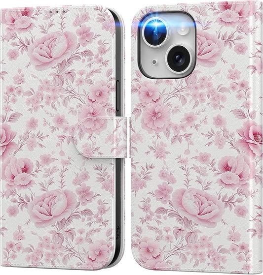 DEENAKIN for iPhone 15 Plus Wallet Case with Card Holder + Cash Clip, RFID-Blocking, Military-Grade Drop Protection, Magnetic Closure with Leather Kickstand - Blooming Pink Roses