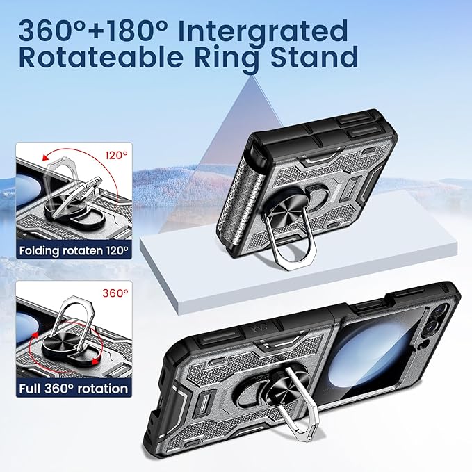 VEGO for Galaxy Z Flip 5 Case with Stand, 360°Ring Magnetic Ring Kickstand & Belt Clip Holster & Camera Screen Protector & Hinge Protection, Shockproof Cover - Grey