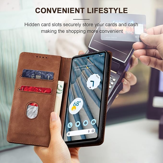 Jasonyu Flip Wallet Case for Google Pixel 7A,Leather Magnetic Folio Cover with Card Holder,Kickstand - TPU Shockproof Durable Protective Phone Case,Brown