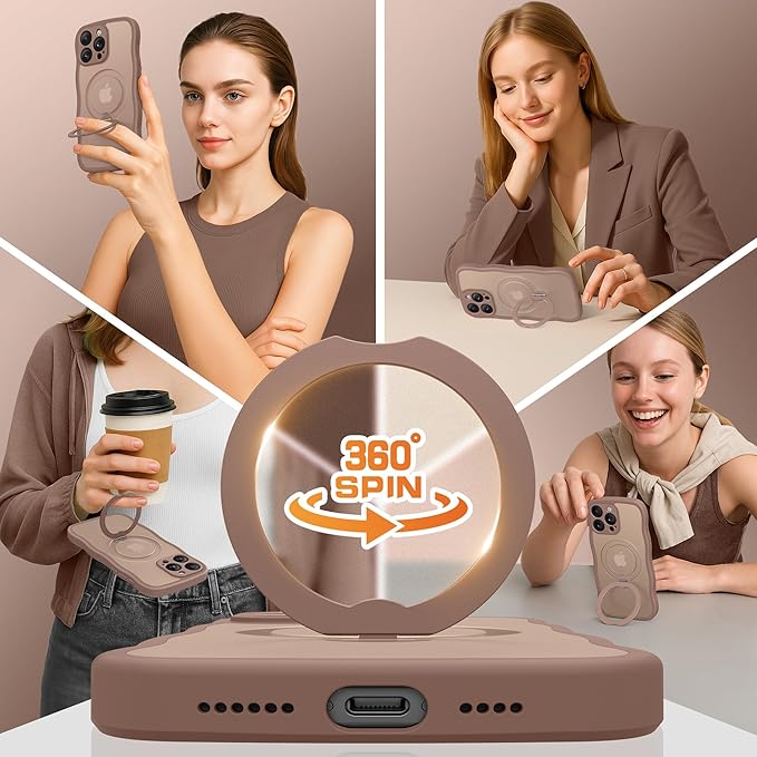 GolbinBox for iPhone 16 Pro Case for Women,[Compatible with Magsafe][360° Spin Magnetic Stand][Cute Wave Edge][Military-Grade Protection] Translucent Matte Phone Case for iPhone 16 Pro, Brown