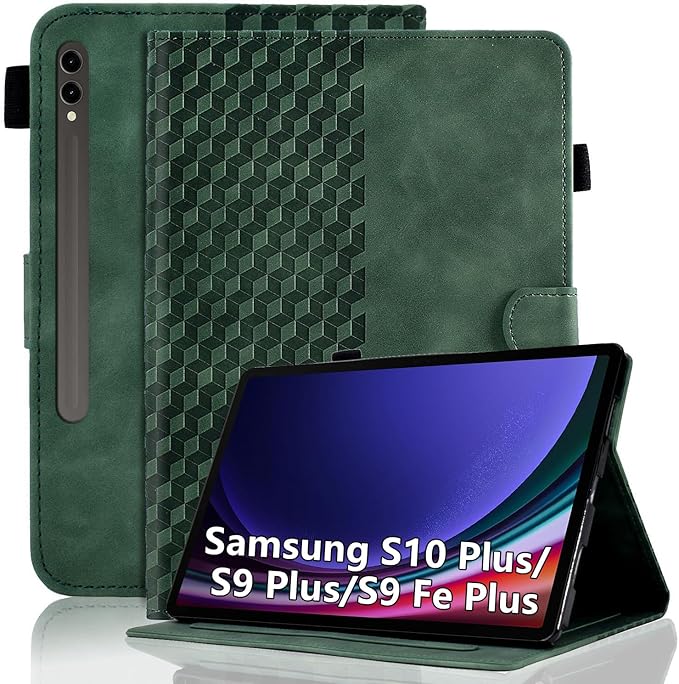 Case for Samsung Galaxy Tab S10+ Plus 2024 / S9 FE+ / S9+ 12.4 Inch 2023 Magnetic Multi-Angle Leather Folio Stand Shell With Card Holder - Retro Green