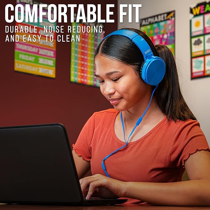 Barks Classroom Headphones with Microphone (12 Pack, Blue) - Upgraded On-Ear Bulk Headphones for Classroom: Best for Students K-12 Schools (Inline Microphone, Good Recording Quality, Durable)